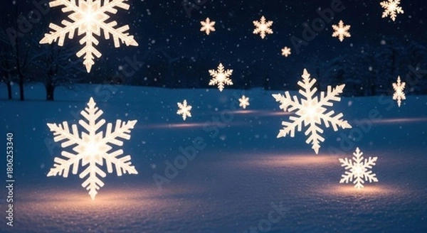 Obraz Dreamy winter scene with glowing snowflakes on snowy field, perfect for holiday greetings or magical Christmas promotions, evokes warmth and wonder