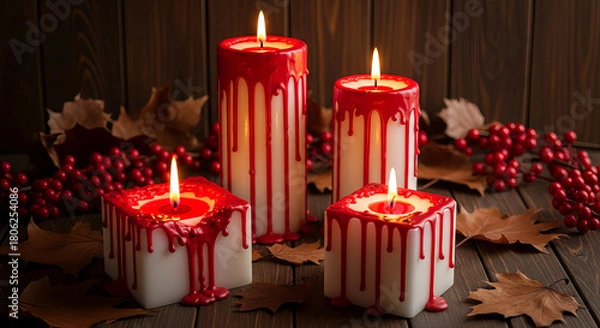 Fototapeta Blood Drip Halloween Candles on Rustic Autumn Leaves Still Life