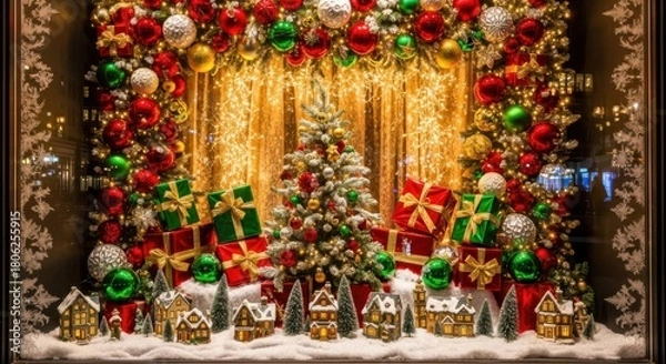 Obraz Festive holiday storefront with sparkling ornaments, gifts, and miniature houses creating a warm, inviting Christmas scene for holiday cheer and retail promotion