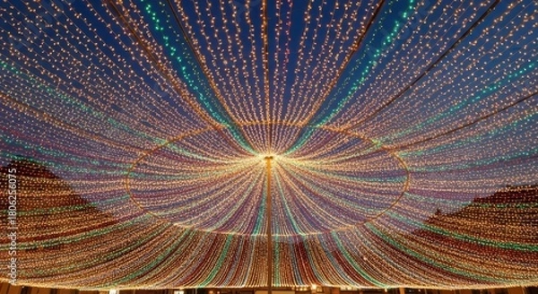 Obraz Magical canopy of glowing lights creates festive atmosphere perfect for holidays, celebrations, and enchanting events under the starry night sky