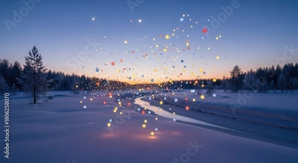 Obraz Enchanting winter wonderland with glowing orbs over snowy river at sunset, a magical landscape perfect for holiday promotions and serene nature themes