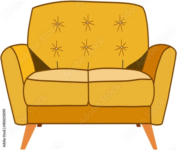 Fototapeta Vintage Style Yellow Two-Seater Sofa with Wooden Legs and Button-Tufted Backrest in Cozy Living Room Environment Illustration