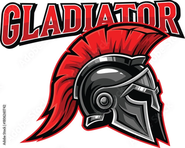 Obraz Red gladiator helmet mascot logo, spartan warrior head, ancient armor vector illustration, sports team emblem, typography text design.