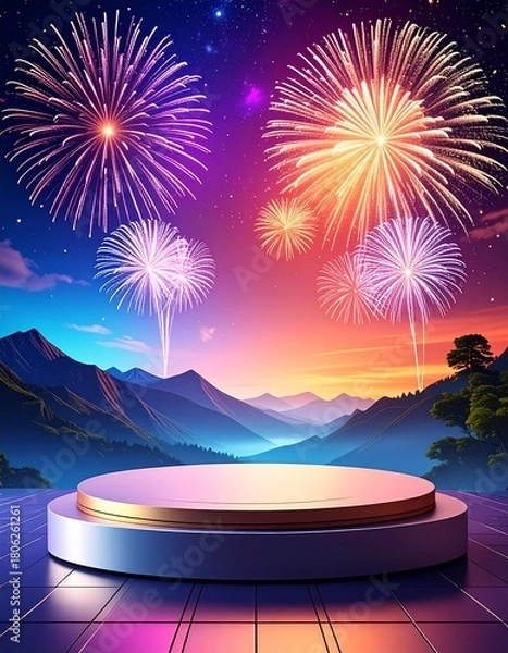 Obraz white pedestal product display  with tropical mountain scenery with fireworks in background