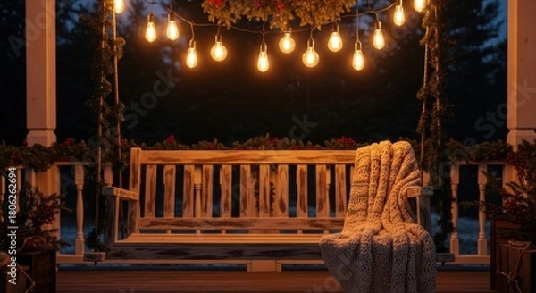 Obraz A charming porch swing glows with warm string lights and festive holiday decor, creating a perfect cozy retreat on a serene winter night.
