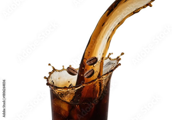 Fototapeta Ultra-photorealistic medium close-up of a glossy, volumetric dark iced coffee splash, frozen mid-air with suspended roasted beans, against a white background. Concept for beverage advertising