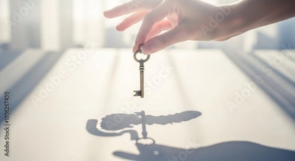 Fototapeta Unlock your potential with a vintage key held by a woman's hand in bright light now