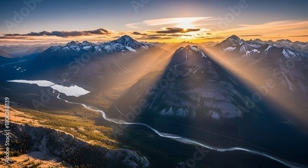 Fototapeta majestic sunrise over snowy peaks with glowing clouds winding river and forested valley below