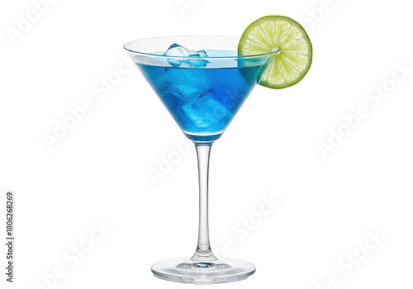 Fototapeta crystal clear martini glass filled with vibrant sapphire blue cocktail and crushed ice, garnished with a crisp green lime wedge, isolated on a white background, photorealistic studio shot. concept