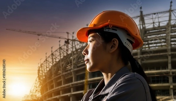 Fototapeta Construction Worker at Site with Sunset Background and Crane in the Distance