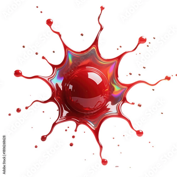 Fototapeta Vibrant red liquid splash with glossy texture and iridescent reflections