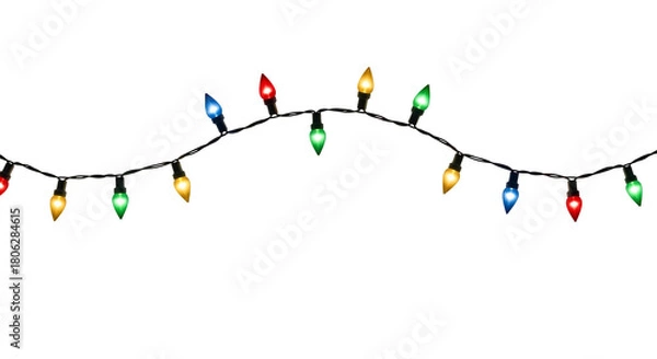 Fototapeta A string of colorful christmas lights glowing brightly in the dark isolated on transparent background