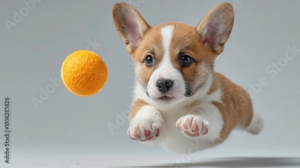Obraz A playful puppy in mid-air jumping to catch an orange ball against a simple light background