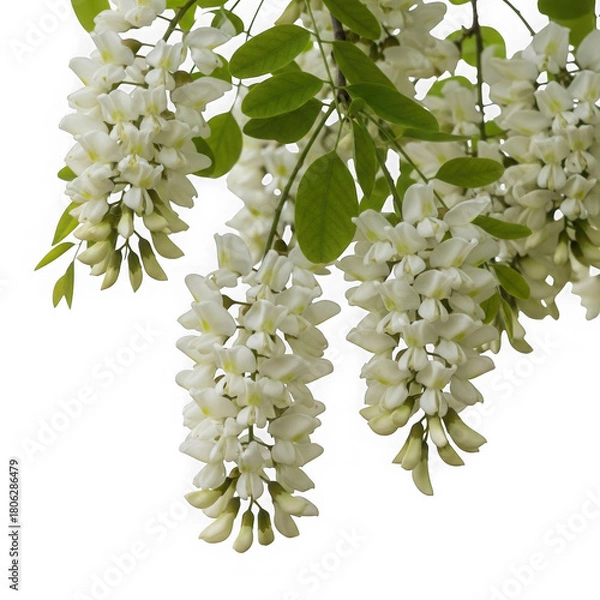 Fototapeta Blooming acacia branch with white flowers isolated on transparent background