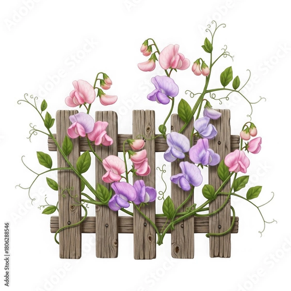 Obraz Sweet pea flowers on a wooden fence isolated on transparent background