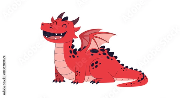 Fototapeta  Cute and friendly red cartoon dragon with small wings and a happy smile sitting down in a simple vector illustration.