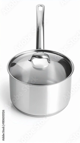 Fototapeta Shiny Stainless Steel Saucepan with Glass Lid on White Background Kitchenware Product Photography.