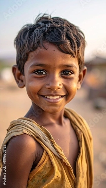 Obraz Young Boy with a Radiant Smile Capturing Childhood Innocence in a Warm Outdoor Setting.
