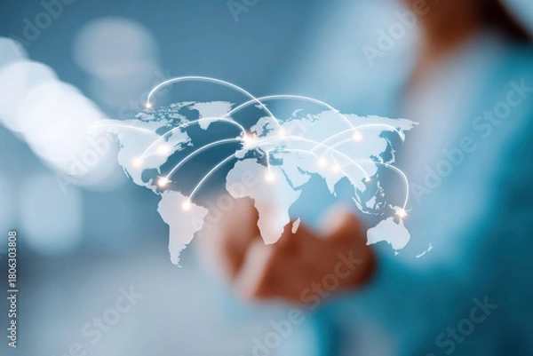 Fototapeta Hand holding world map showing global network connection