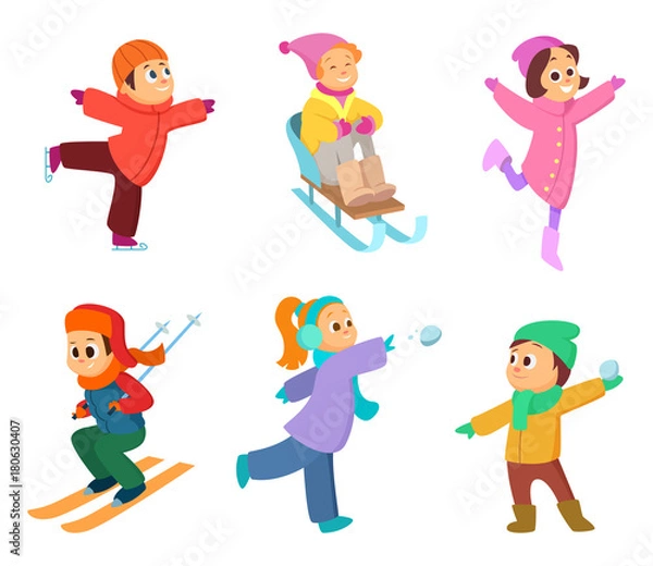 Fototapeta Happy childrens playing in winter games. Cartoon funny characters