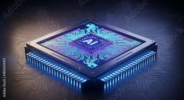Fototapeta AI Processor Chip with Glowing Blue Circuits on a Dark Background.
