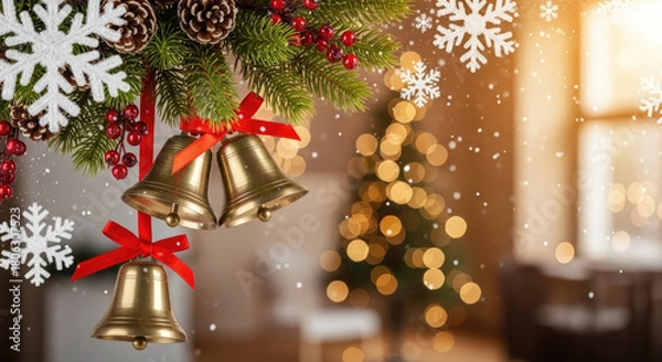 Obraz Golden Christmas Bells Hanging from Pine Branch with Red Bows.