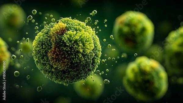 Obraz Close-Up View of Vibrant Green Microorganisms and Bubbles in Dark Abstract Background