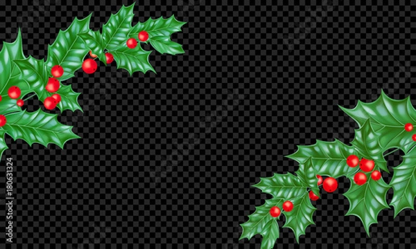 Fototapeta Christmas or New Year holiday background template of New Year fir or pine tree branch on transparent black. Vector Christmas or New Year holly leaf wreath ornament frame for greeting card design