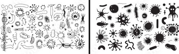 Fototapeta microbiology bacteria doodle set, science biology vector, germs and virus illustration, hand drawn micro organism art, microscopic biology elements, education science artwork, pathogen cartoon design,