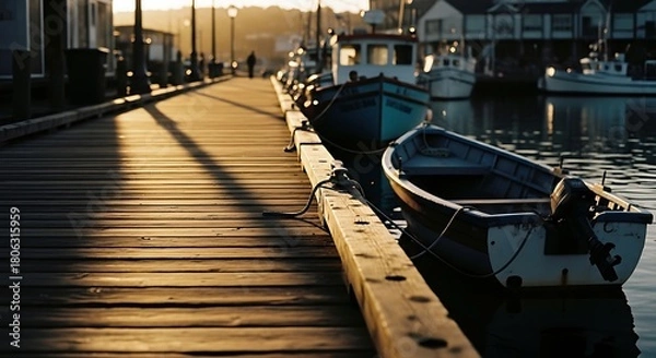 Fototapeta Boats Moored on a Wooden Dock at Sunset.