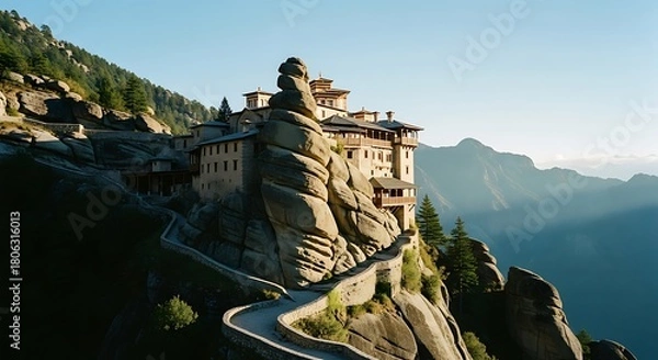 Fototapeta Breathtaking view of Paro Taktsang Monastery on a cliff in Bhutan during sunrise.