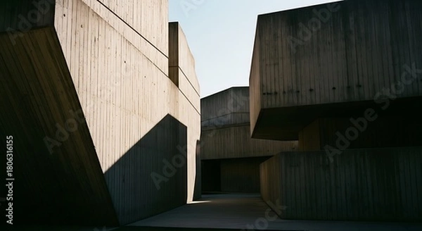 Fototapeta Brutalist concrete architecture with strong shadows and geometric shapes under a clear sky.