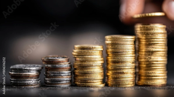 Obraz Stacked coins in ascending order by size and color varying from silver to gold with hand placing coin on tallest stack on dark surface with blurred background