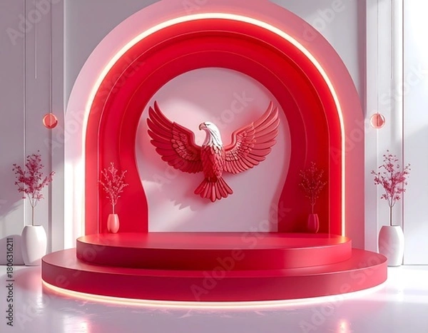 Fototapeta Artistic red and gold stage interior with royal design high resolution image