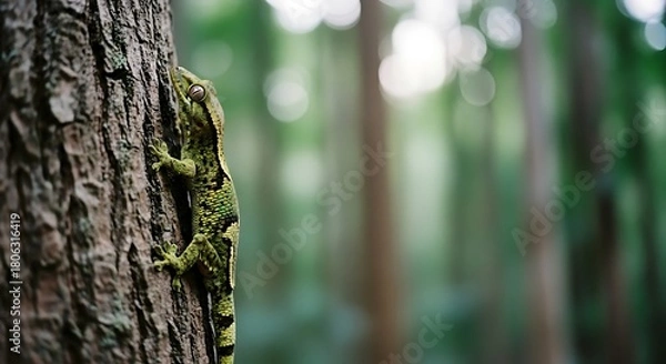 Fototapeta Camouflaged gecko clings to tree bark in lush forest environment.