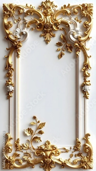 Fototapeta Beautiful golden frame decorated with intricate white flower designs high resolution picture