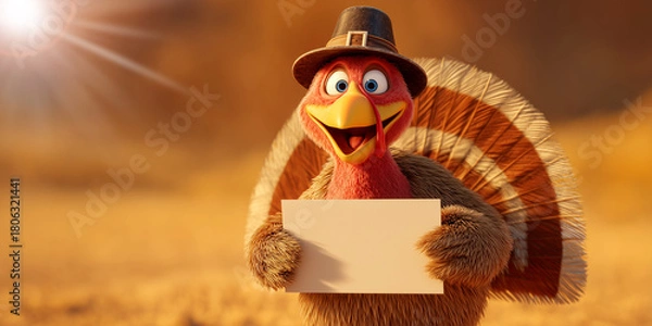 Fototapeta A cheerful Thanksgiving cartoon turkey wearing a pilgrim hat holding a blank sign with copy space, against a blurred yellow-orange background. Perfect for festive Thanksgiving visuals. Generative Ai.