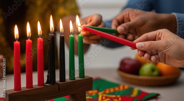 Fototapeta Observing Kwanzaa celebration with kinara and traditional candles, family members share moment of unity. Lighting candles is part of Kwanzaa tradition, marking principles of African heritage.