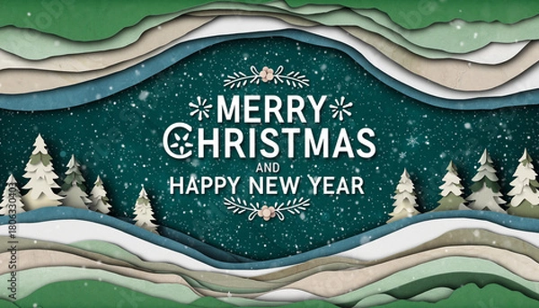 Obraz Horizontal green Merry Christmas and Happy New Year greeting card header banner in paper art style with snowy winter landscape snow covered trees for holiday message and festive background
