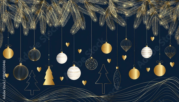 Obraz Minimalist Line Art Christmas Banner (Blue & Gold Theme)