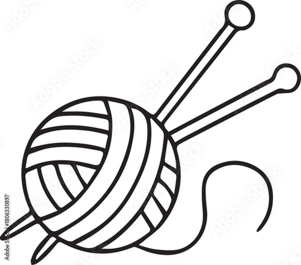 Fototapeta Hand-drawn doodle style illustration of a yarn ball with knitting needles, created with fine liner strokes. Simple black and white vector coloring page design for craft, hobby, knitting, crochet, hand