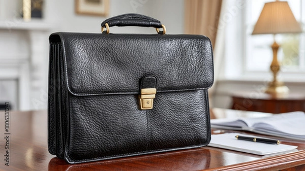Fototapeta Leather briefcase on a desk in an office setting.