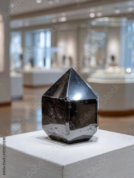 Fototapeta Black crystal gemstone on display in a museum.