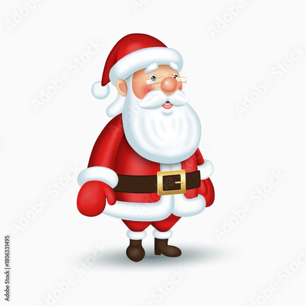 Fototapeta Santa Claus in a red suit with a white beard, hat and glasses. The cute smiling Christmas character that can be used for Christmas cards, festive designs, seasonal projects. Vector illustration