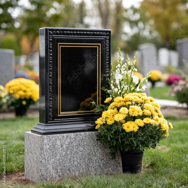 Obraz Tombstone with yellow flowers in a peaceful cemetery setting.