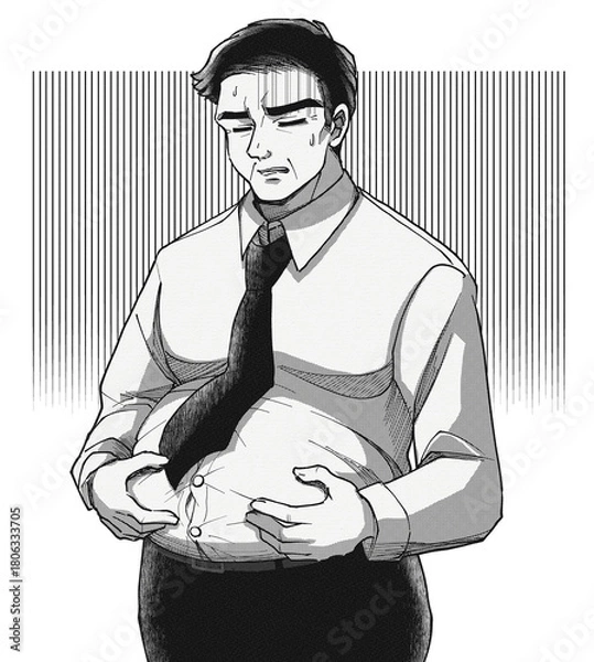 Obraz 劇画漫画風・ビール腹に悩み落ち込む中年男性のイラスト