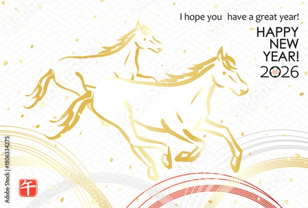 Fototapeta 日本の年賀素材2026　伝統柄に2頭の馬と水引	