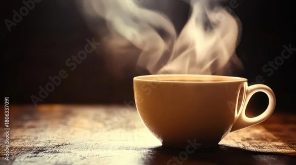 Fototapeta Close-up of Steaming White Coffee Cup and Saucer on a Dark, Moody Background