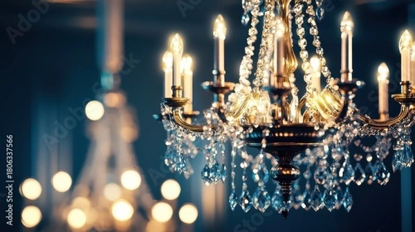 Fototapeta Luxury Crystal Chandelier with Warm Lights Glowing Against a Dark, Dramatic Background