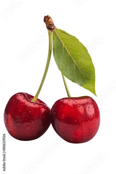 Fototapeta two red cherries with leaf and water droplets on white background.